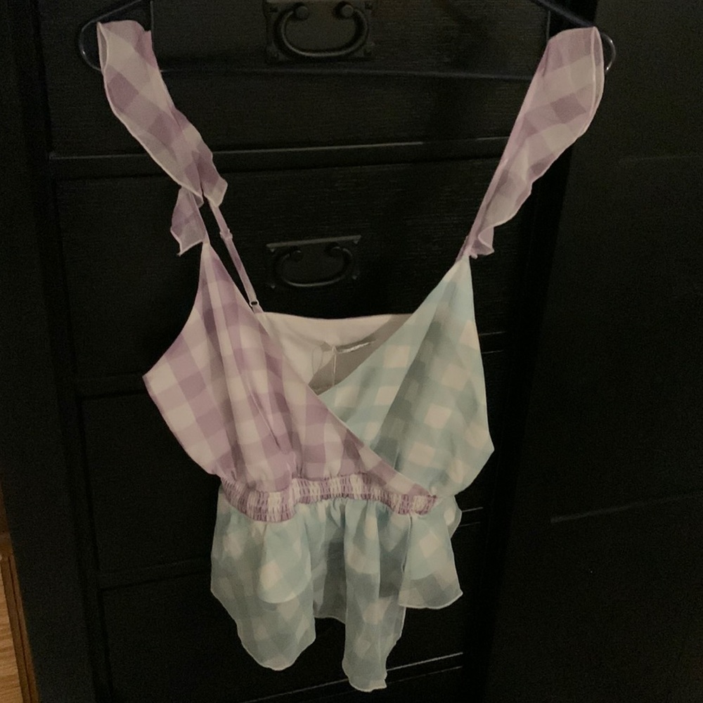 Blue and Purple Gingham Ruffled Peplum Top - Picture 2 of 3